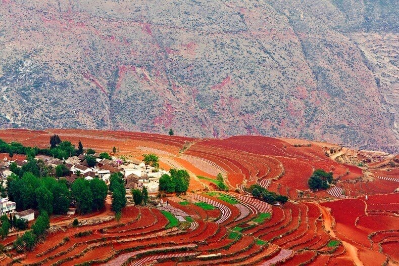 Terrasses de terres rouges et ocres de Dongchuan en chine