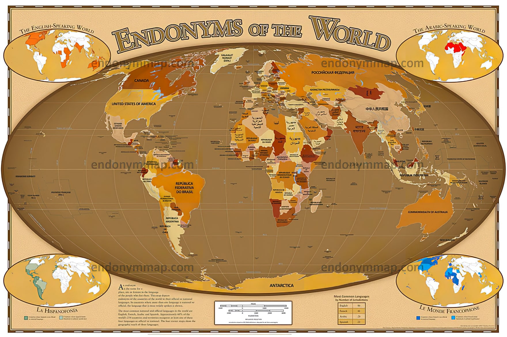 Carte endonymes, nom des pays dans leur langue locale et officielle