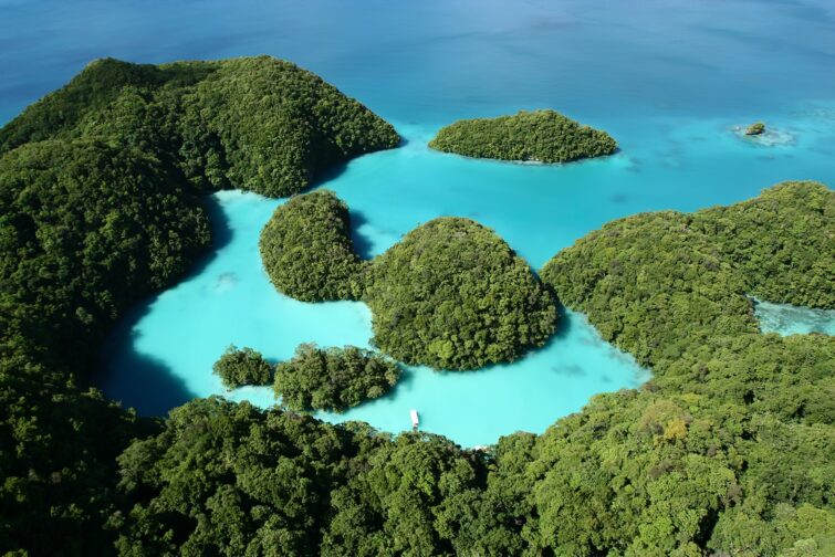 vue aérienne de l'archipel de Palau avec eau turquoise et îles verdoyantes