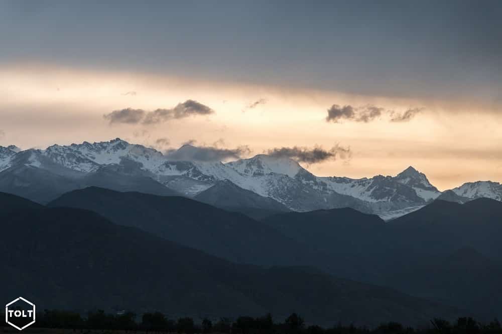Sunrising over Kyrgyz snowy mountains