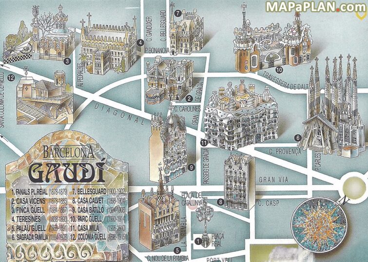 Carte et plan des monuments de Gaudi à Barcelone