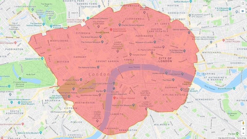 Carte de la zone de congestion de charge à Londres