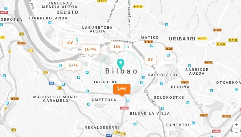 Carte des parkings pas chers à Bilbao