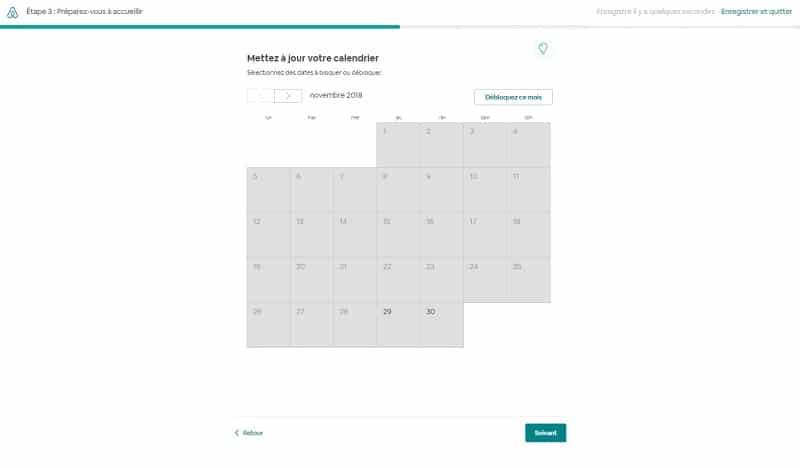 Créer annonce d'une chambre sur Airbnb, jours calendrier