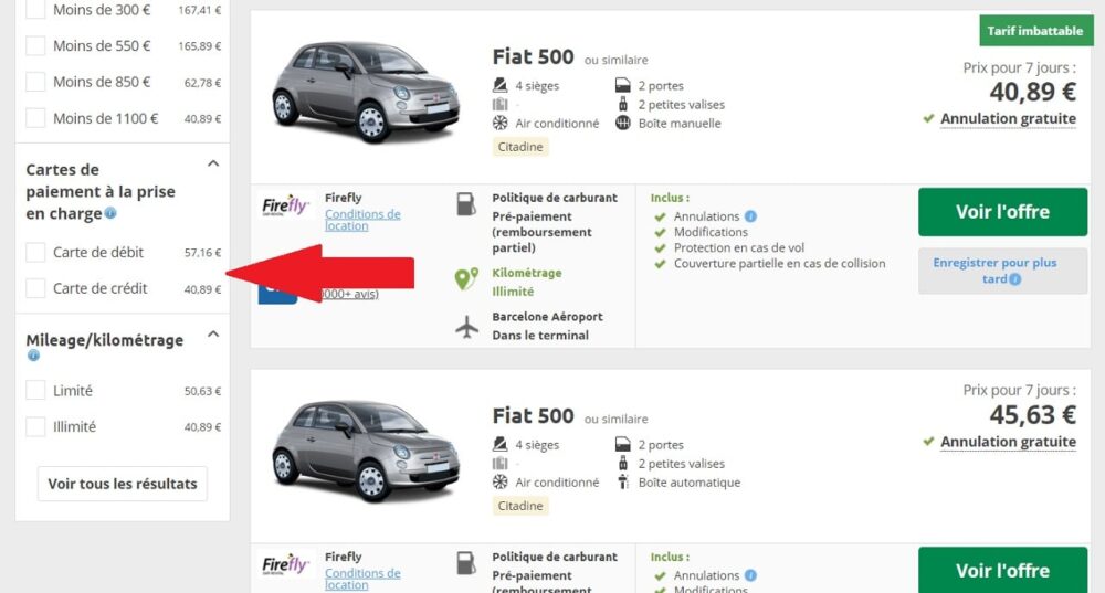 Location de voiture carte de débit ou carte de crédit