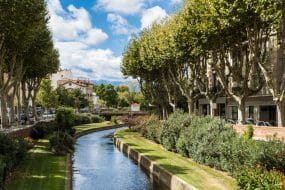 Vue pittoresque sur Perpignan et sa rivière par beau temps. France.