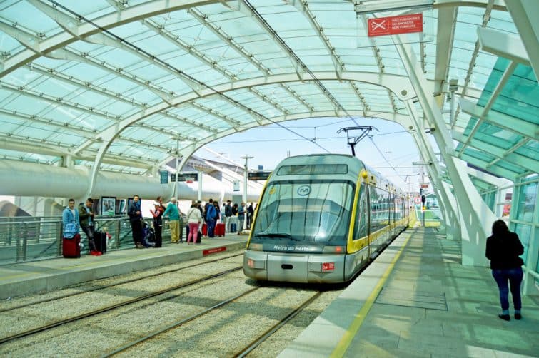 Porto, Portugal - May 1, 2018 Metro station at he Porto International Airport Francisco Sá Carneiro.