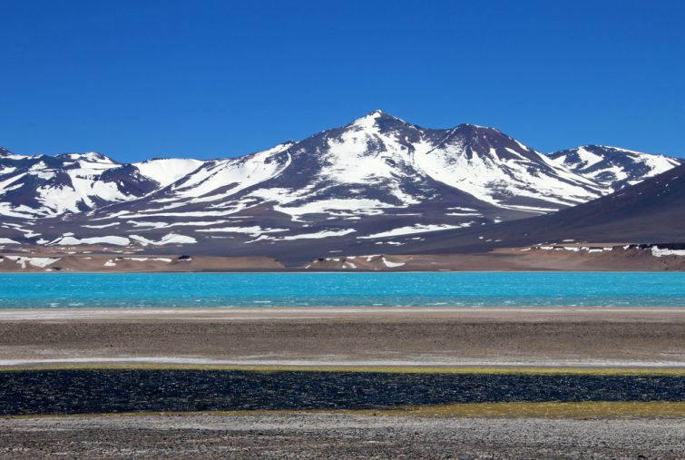 Belle lagune verte, Laguna Verde, près du col de montagne San Francisco et Nevado Ojos Del Salado, Atacama, Chili, Amérique du Sud