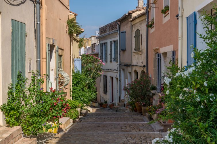 Vieille rue couronnée de plantes et de fleurs à Arles, France