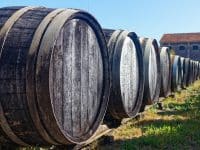 Vieux tonneaux de chêne en extérieur, visiter les vignobles de l'Armagnac.