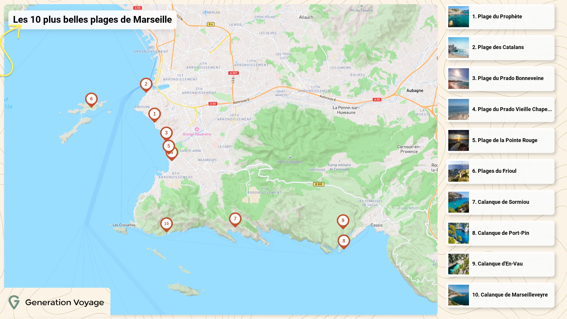 Carte des plus belles plages de Marseille — Generation Voyage