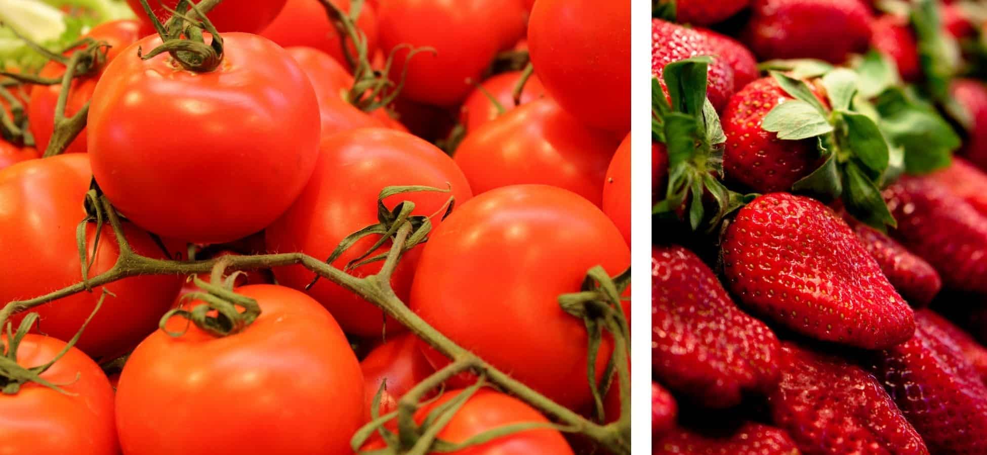 A gauche : des tomates |à droite : des fraises