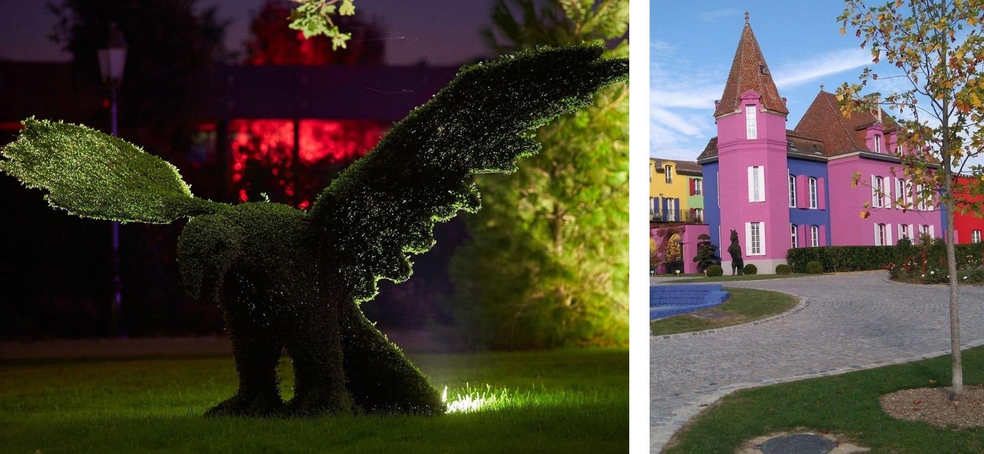 A gauche : une topiaire en forme d'aigle au Stelsia | a droite : le chateau Stelsia