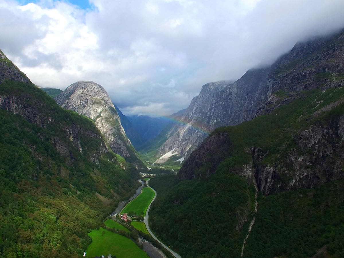 Stalheim valley Norway aerial view rainbow