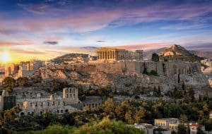 Le temple du Parthénon à l'Acropole d'Athènes, Grèce, au coucher du soleil