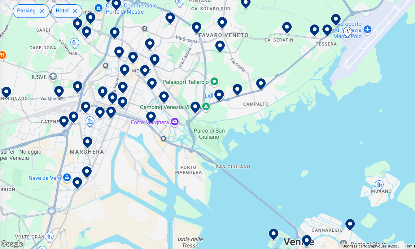 Carte des hôtels proposant un parking à Venise ou Mestre