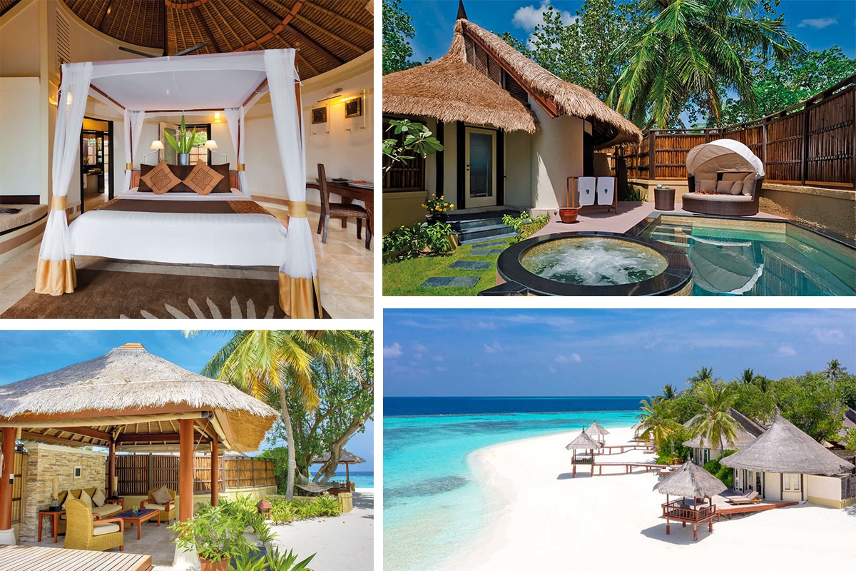 Selection de photos d'un hôtel ecoresponsable aux maldives, au bord de la plage