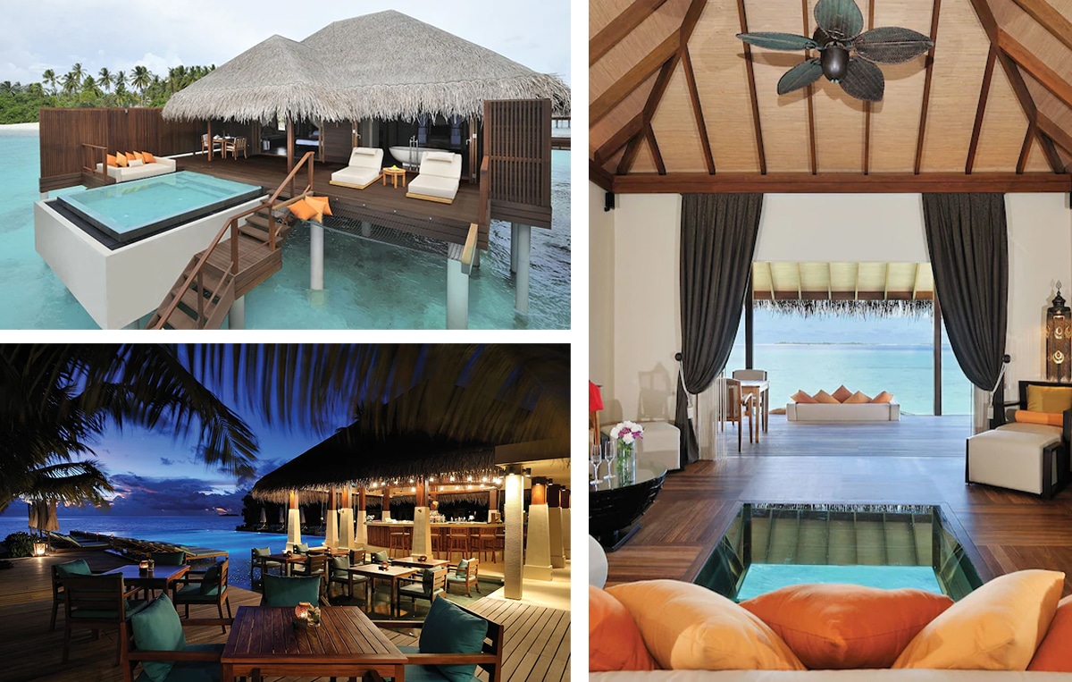Plusieurs vues d'un resort ecoresponsable aux maldives