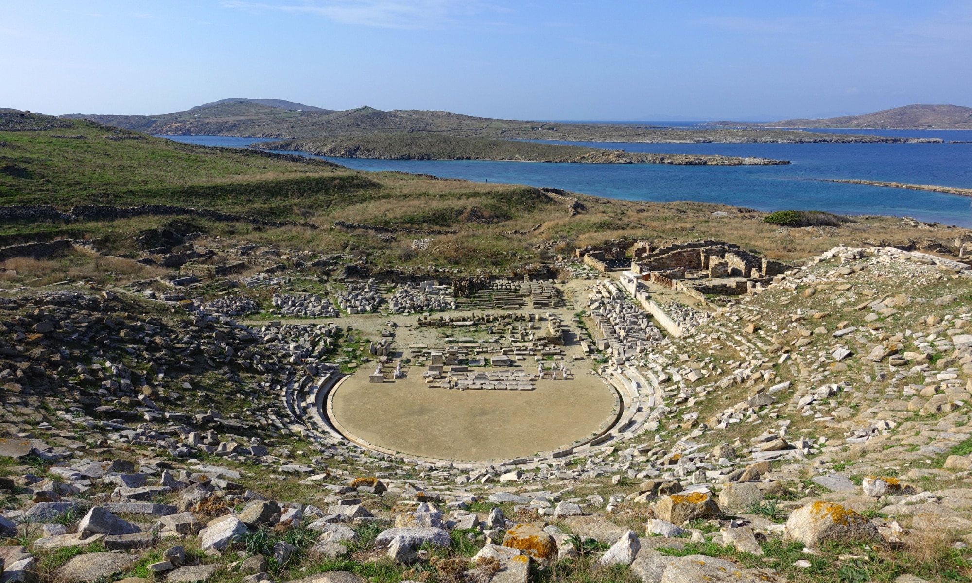 Iconic ancient theatre of Delos in archaeological site and island of Delos, Cyclades, Greece