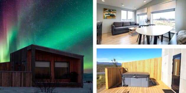 Airbnb Islande : aurores boréales depuis une cabane moderne
