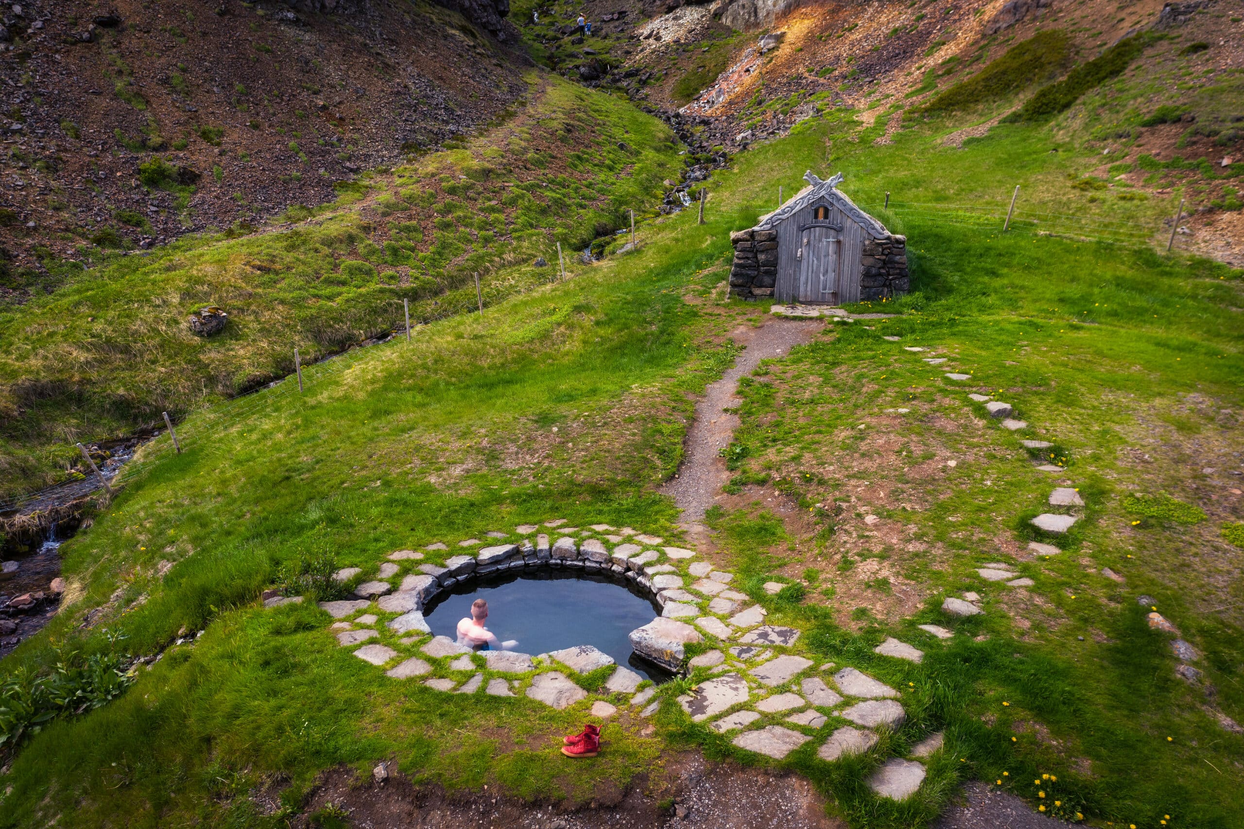 Aerial view of Gudrunarlaug hot spring in Iceland
