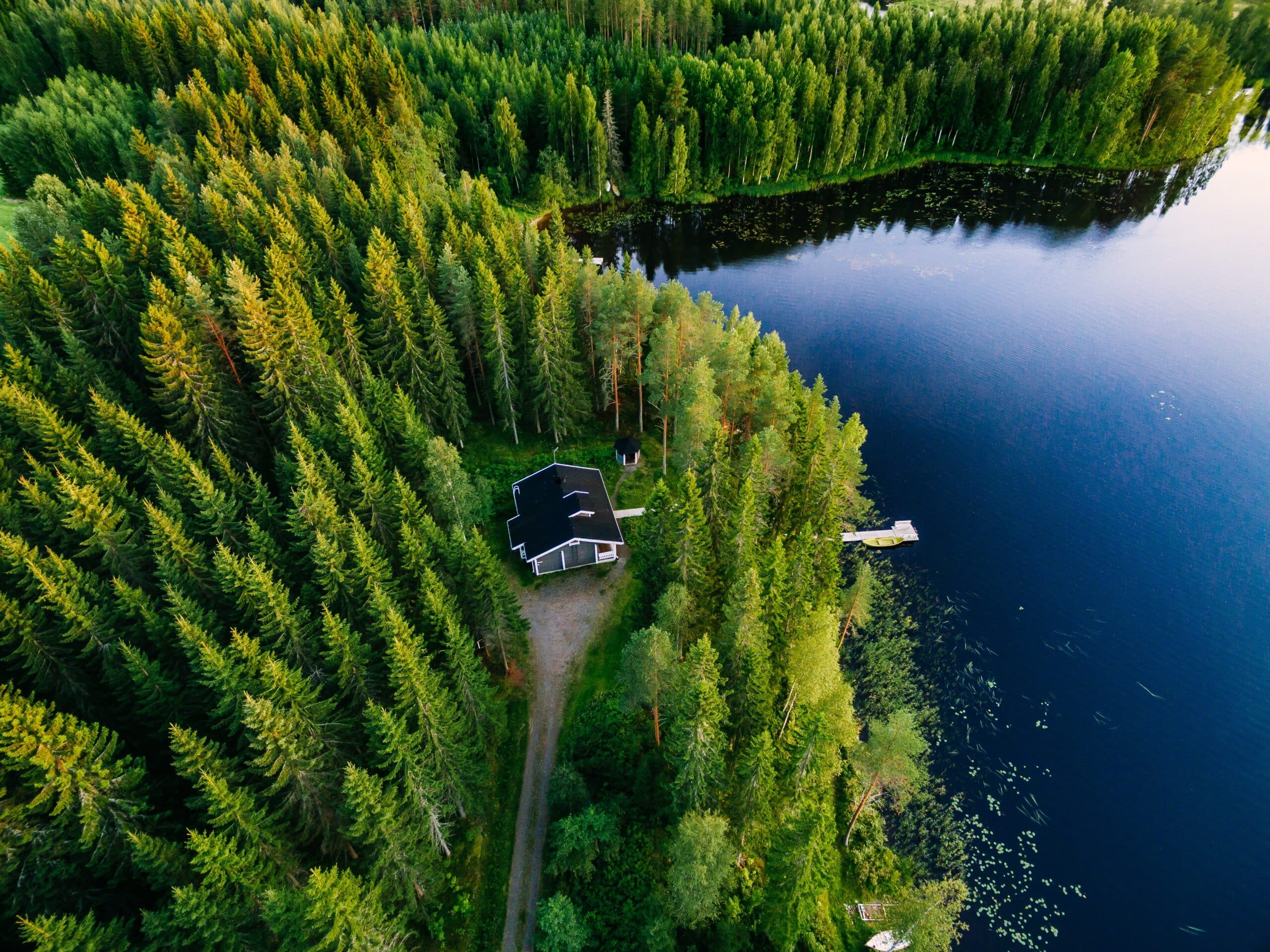 Vue aérienne d'un cottage en bois dans une pinède verte au bord du lac bleu en été rural Finlande
