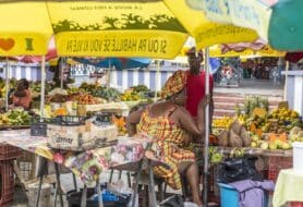 femme devant ses étals de fruits au marché local en guadeloupe