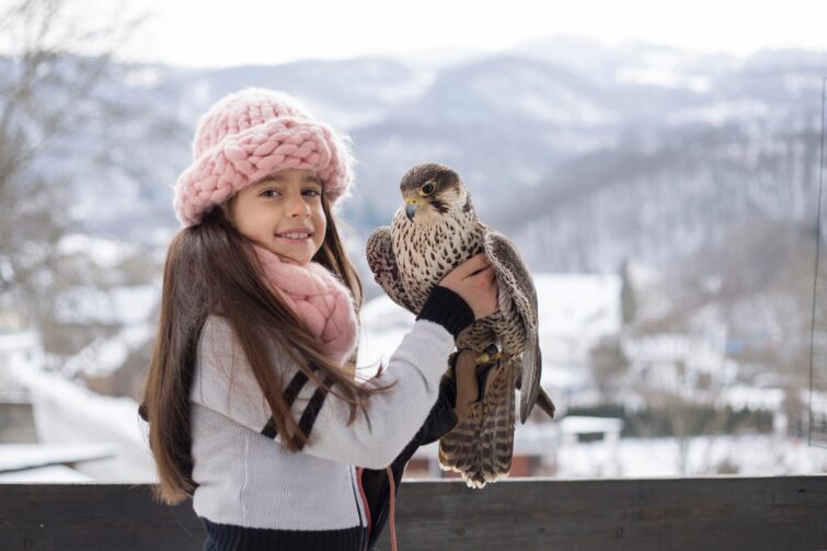 Petite fille avec un faucon sur le bras à la montagne