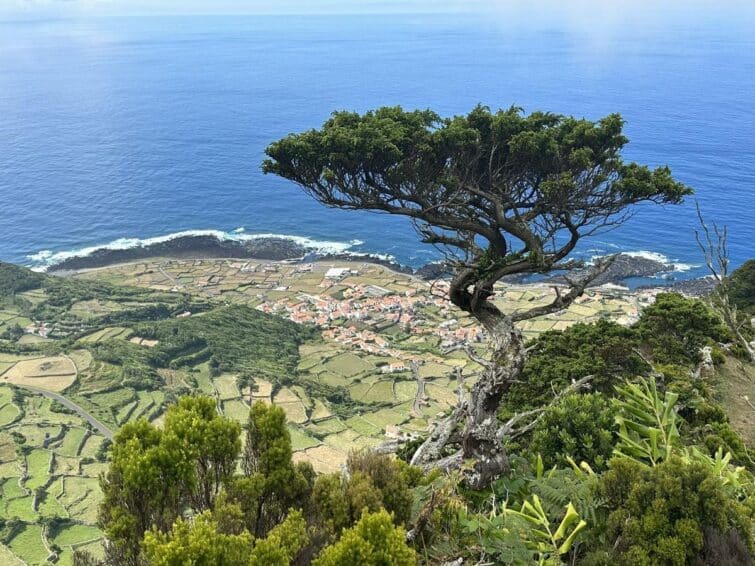 Jolie vue sur le village et la mer, île de Flores, Açores