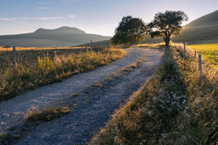 Route de campagne à Les Estables, Haute-Loire, montée vers le mont Mézenc