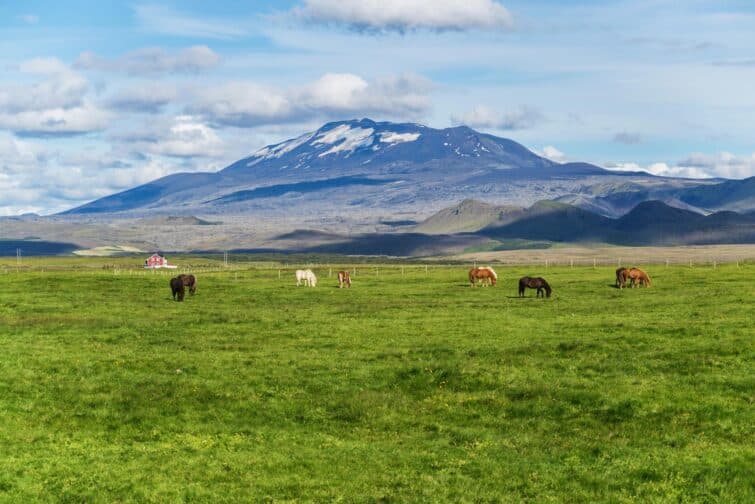 Volcan Hekla actif près de Hella en Islande sous un ciel nuageux