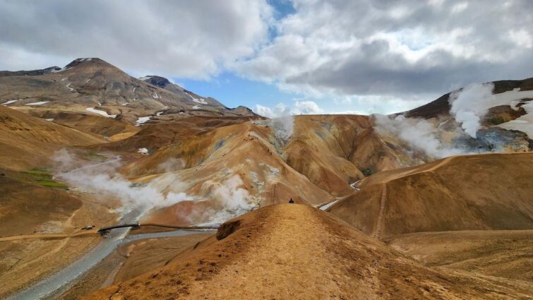 Vue panoramique des montagnes et du terrain géothermique de Kerlingarfjöll - Hveradalir via Hveradalshnúkur