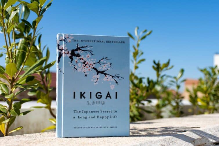 Close-up view of a book cover about Ikigai concept