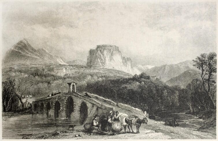 Gravure ancienne du château de Cassano en Calabre, Italie