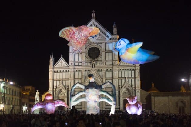 Plasticiens Volante installation during Notte Bianca festival in Florence Italy