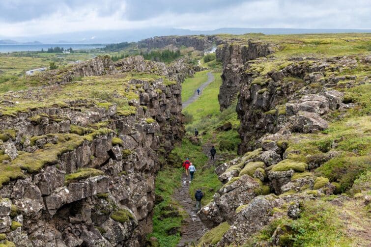 Vue aérienne de la faille sismique dans le Parc National Þingvellir, Islande, Europe du Nord