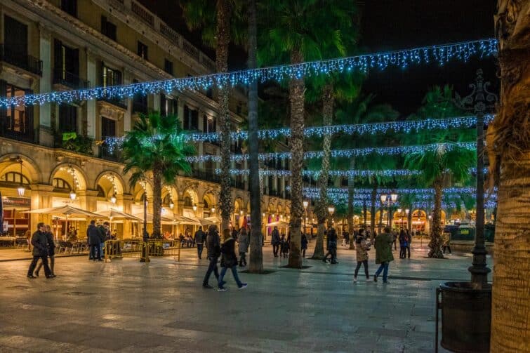 Vue de la Plaza Real avec des palmiers et des bâtiments historiques, Barri Gòtic, Barcelone