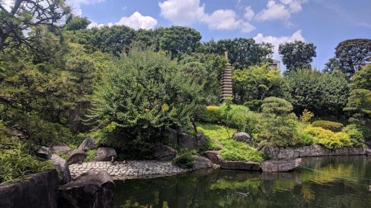 Vue paisible du jardin Mejiro à Tokyo avec pont et végétation luxuriante