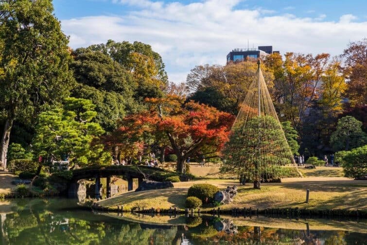 Vue panoramique du jardin Rikugi-en à Tokyo, Japon, capture durant l'automne avec un étang et des arbres colorés