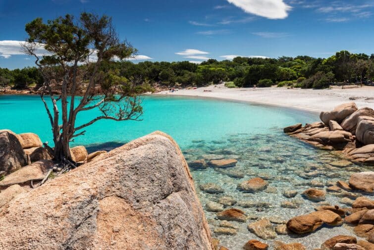 Plage de Capriccioli sur la Costa Smeralda en Sardaigne, vue sur la mer émeraude et le sable fin