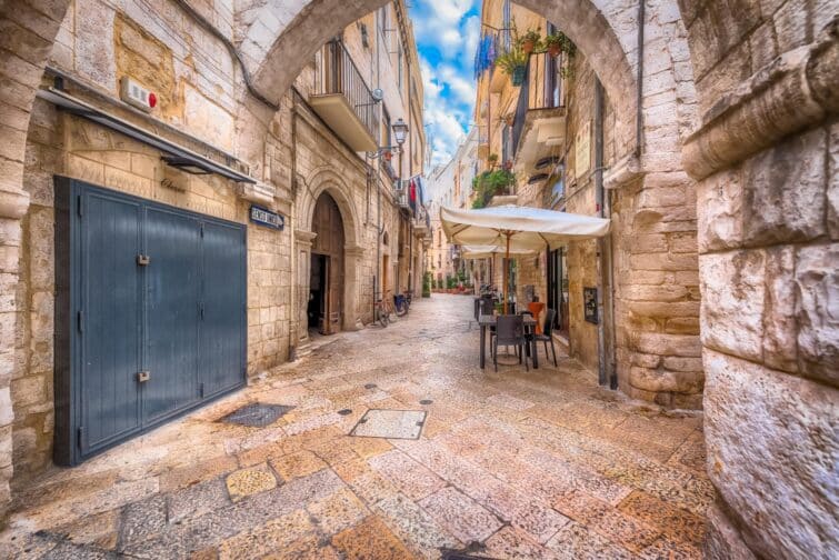 Alleyway in the old white town of Bari, Puglia, Italy