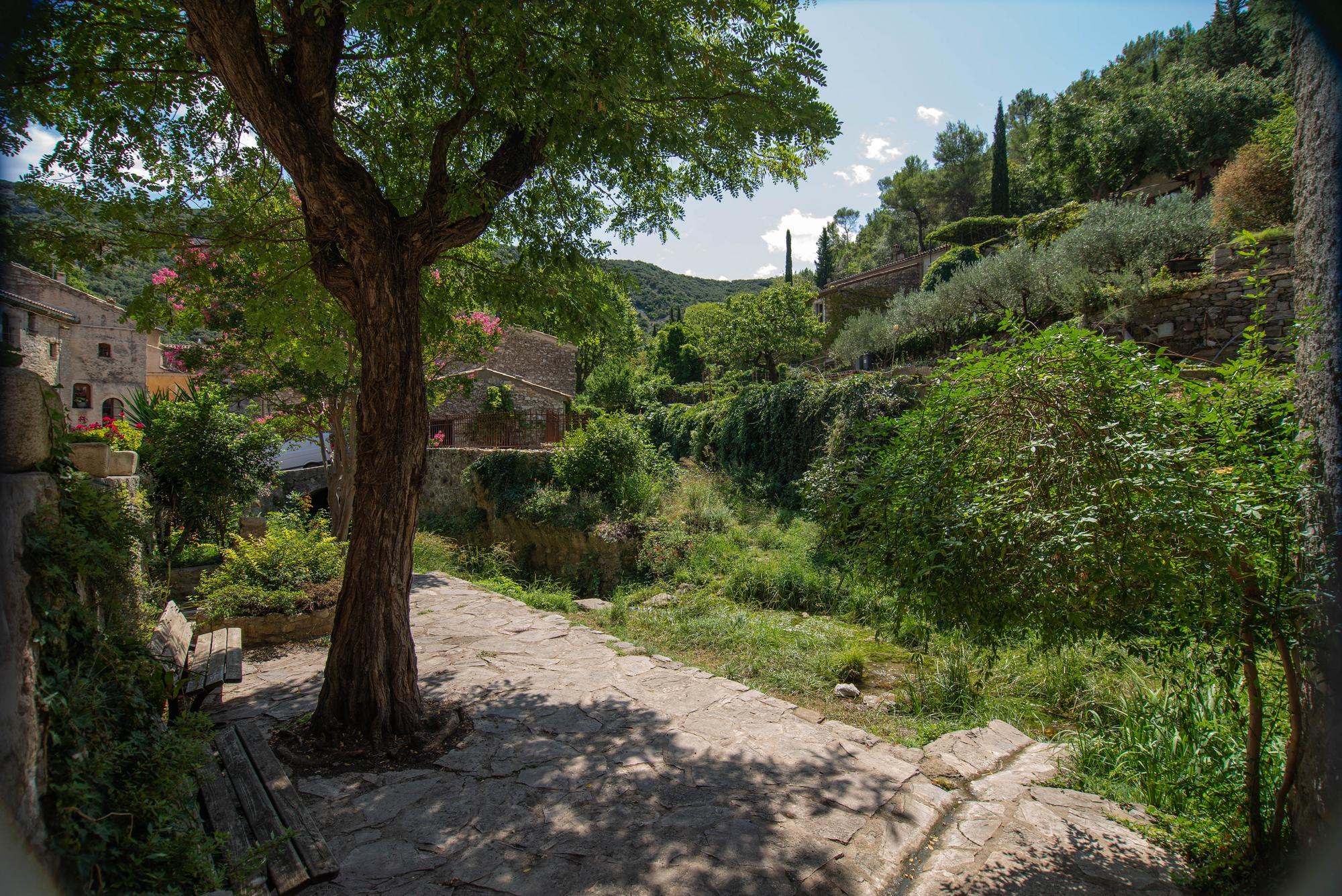 Vue pittoresque sur le village Saint-Guilhem-le-Désert avec montée vers l'Escaliou