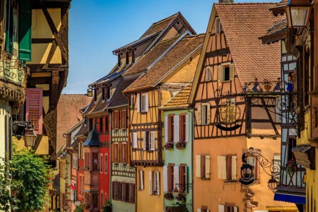 Riquewihr Alsace traditional half-timbered houses and vineyard