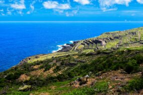 Paysage côtier de l'île de Pantelleria avec terrasses agricoles