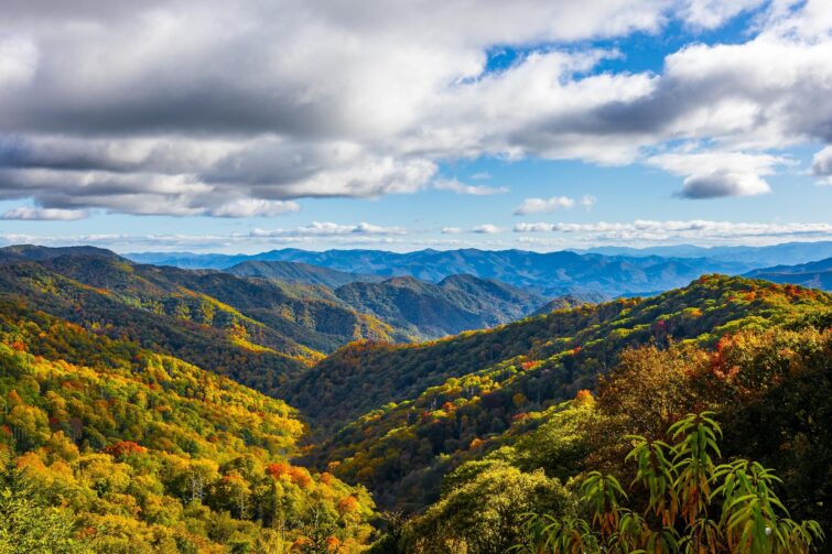 Paysage automnal des Great Smoky Mountains avec des couleurs vibrantes et une brume légère