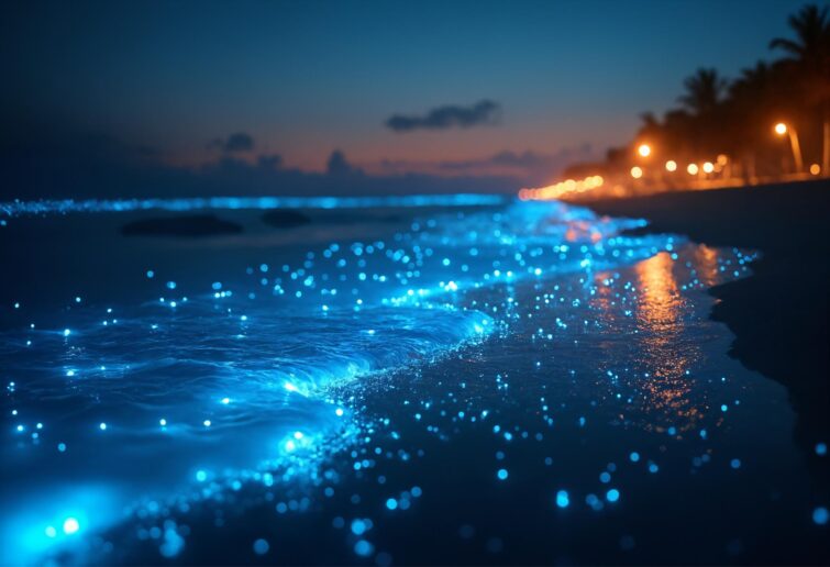 Vagues bioluminescentes illuminant une plage paisible la nuit