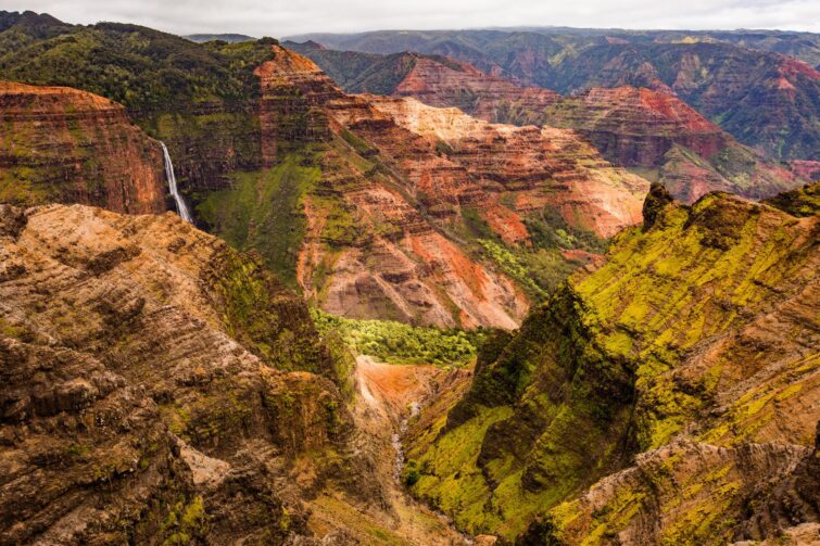Vue panoramique du Waimea Canyon à Kauai, montrant des gorges profondes et des couleurs vives de la nature
