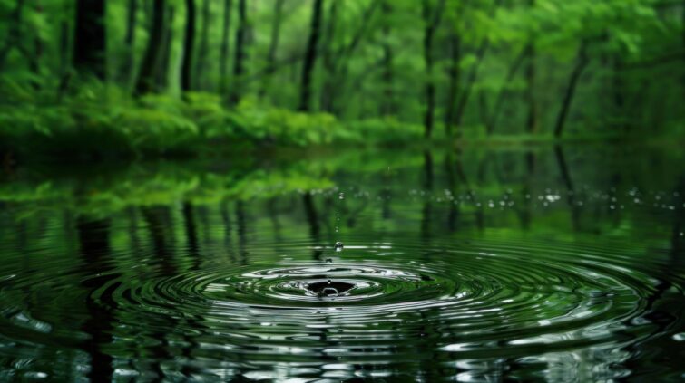 Goutte d'eau tombant dans un étang et créant des ondulations sur l'eau
