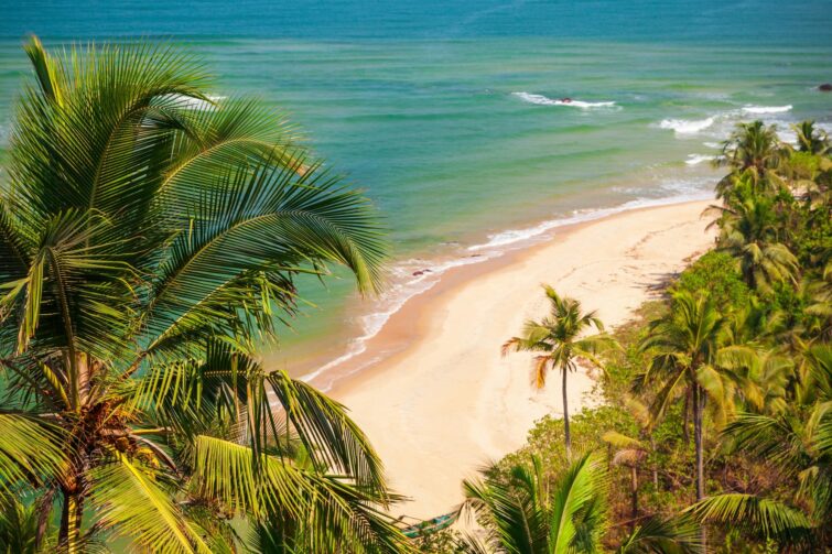 Vue aérienne panoramique de la plage de Goa en Inde, illustrant la beauté côtière et culturelle