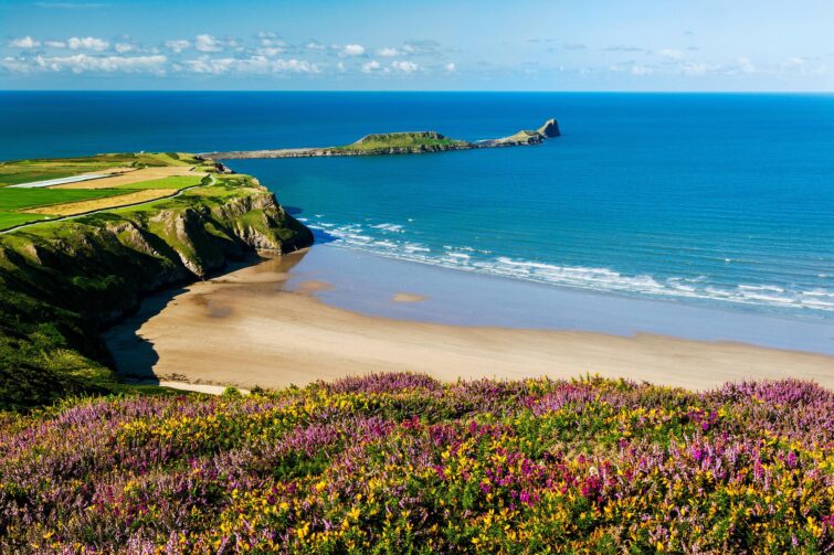 Vue panoramique de Rhossili Bay avec Worm's Head au fond, Gower Peninsula, Pays de Galles, Royaume-Uni